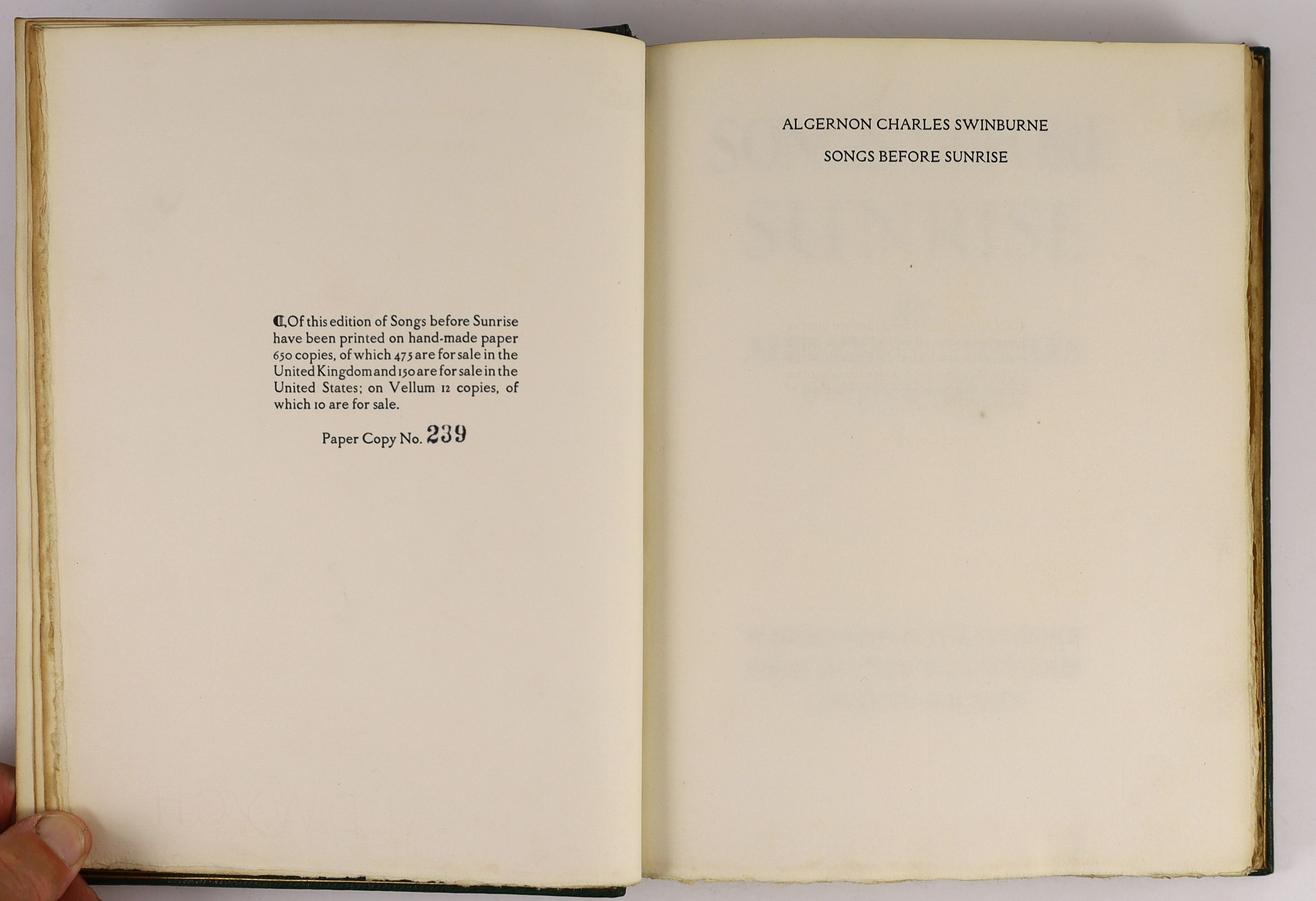 Swinburne, Algernon Charles - Songs Before Sunrise, one of 650, 4to, fine green morocco gilt binding by M. Dunkels, published for the Florence Press by Chatto & Windus, London, 1909